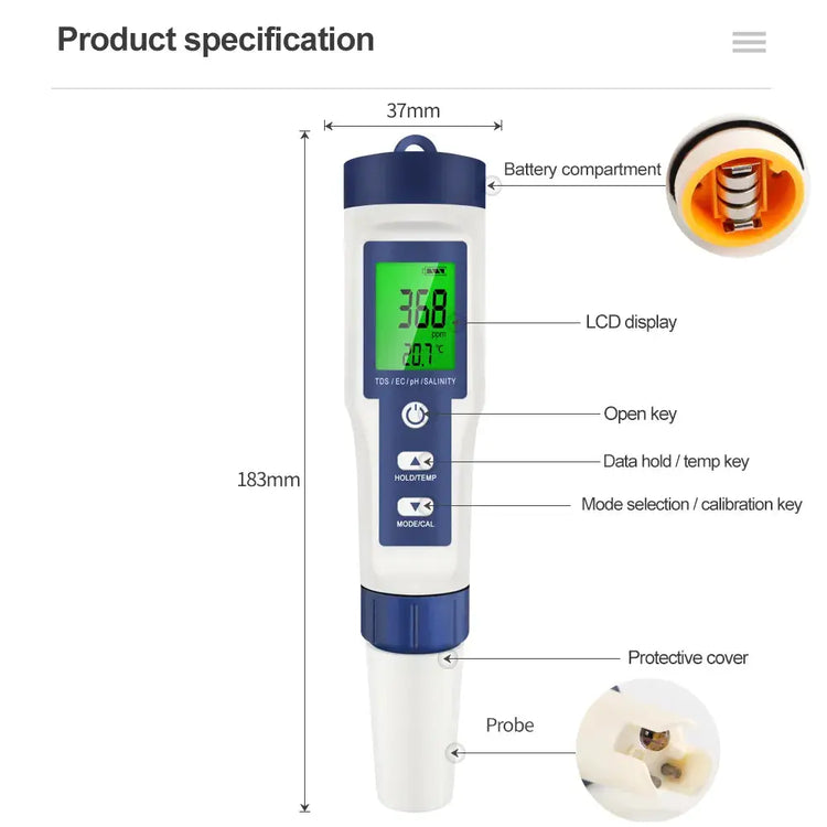 Aquarius Water 5 in 1 Digital Meter TDS EC Salinity TEMP PH Water Tester Aquarius Water