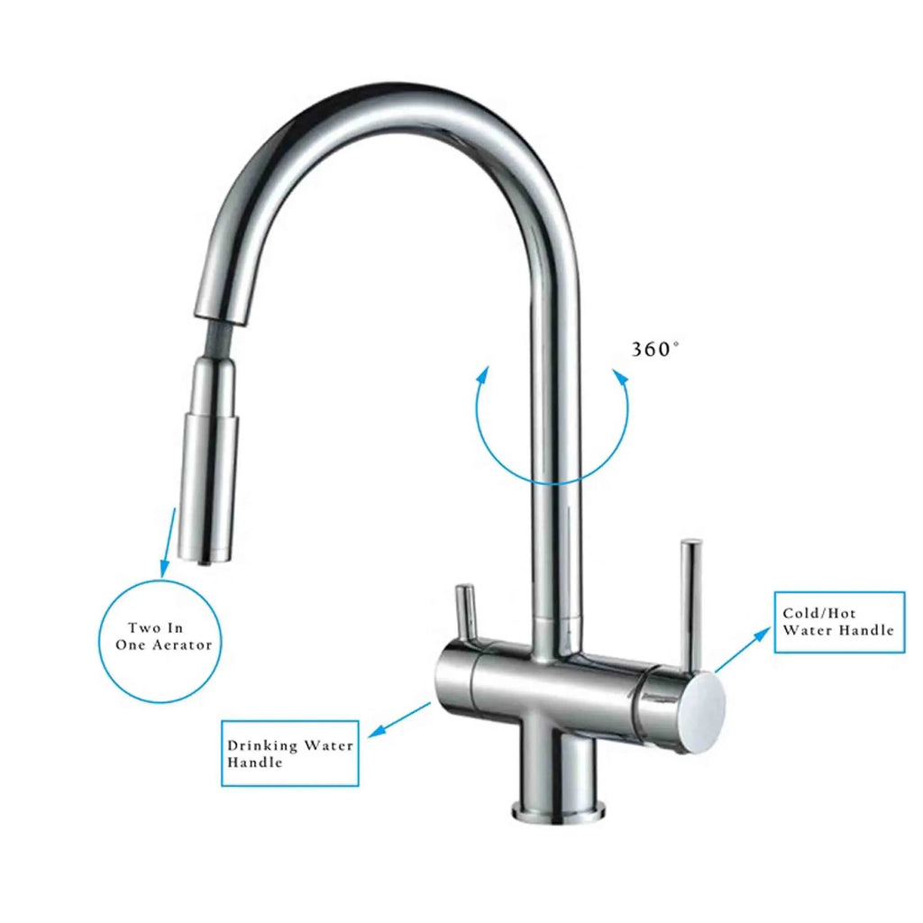 3 Way Mixer Tap Nickel Umbrella Style 360 Rotation + Pull Out Spout Aquarius Water