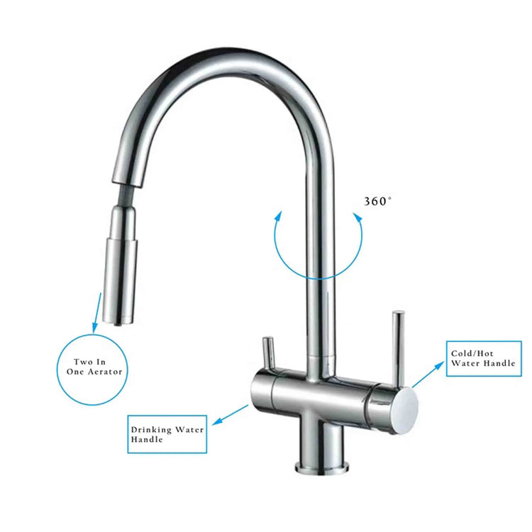 3 Way Mixer Tap Nickel Umbrella Style 360 Rotation + Pull Out Spout Aquarius Water