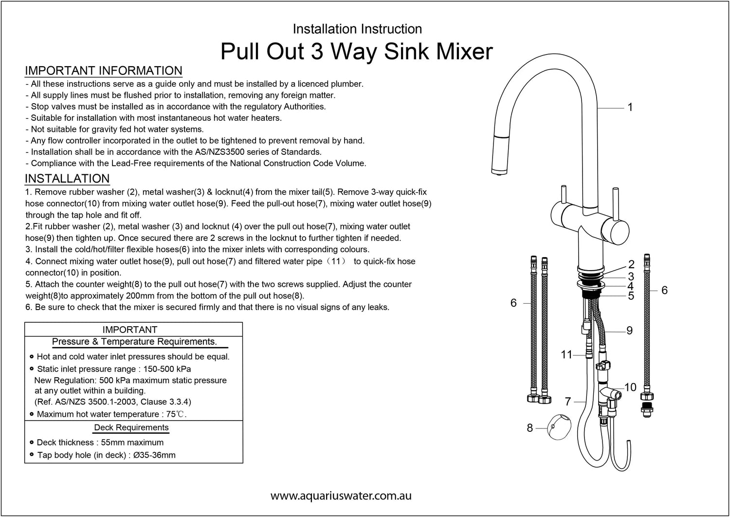 3 Way Mixer Tap Nickel Umbrella Style 360 Rotation + Pull Out Spout Aquarius Water