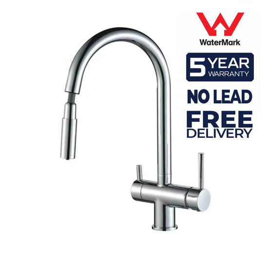 3 Way Mixer Tap Nickel Umbrella Style 360 Rotation + Pull Out Spout Aquarius Water