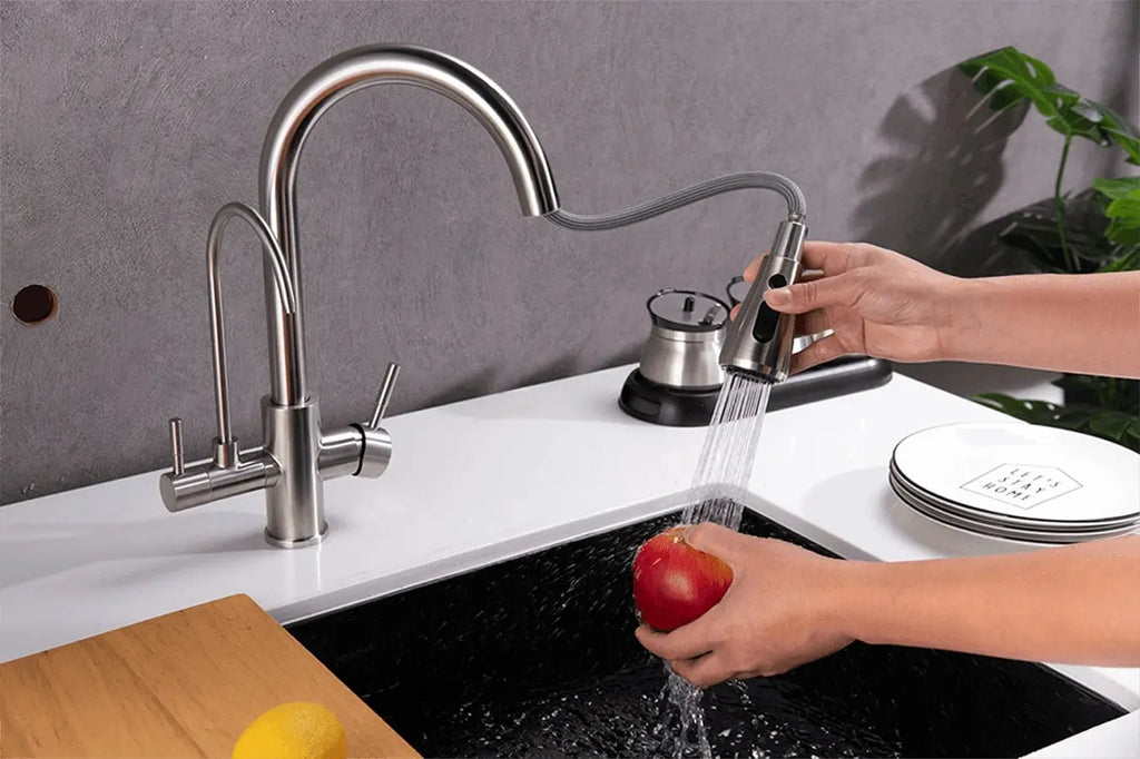 3 Way Mixer Tap with Dual Spout & Pull Out Spray Nickel - Alkaline World