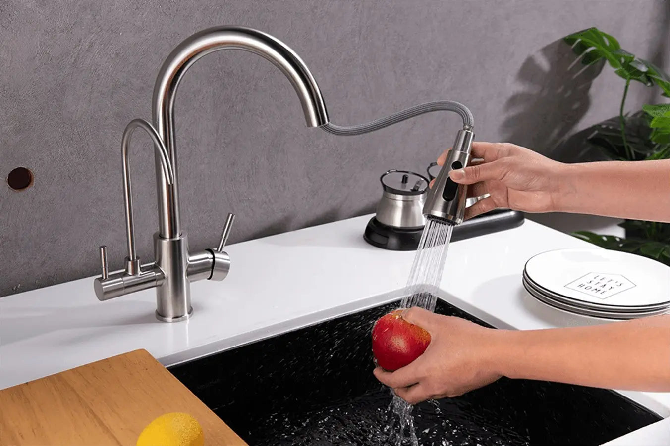 3 Way Mixer Tap with Dual Spout & Pull Out Spray Nickel - Alkaline World