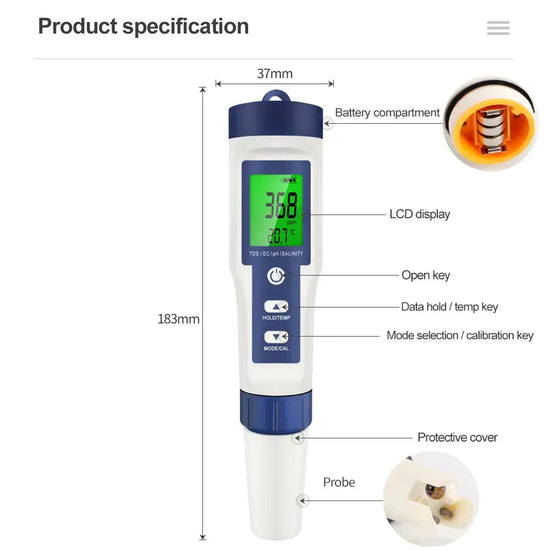 Aquarius Water 5 in 1  Digital Meter TDS EC Salinity TEMP PH Water Tester Aquarius Water
