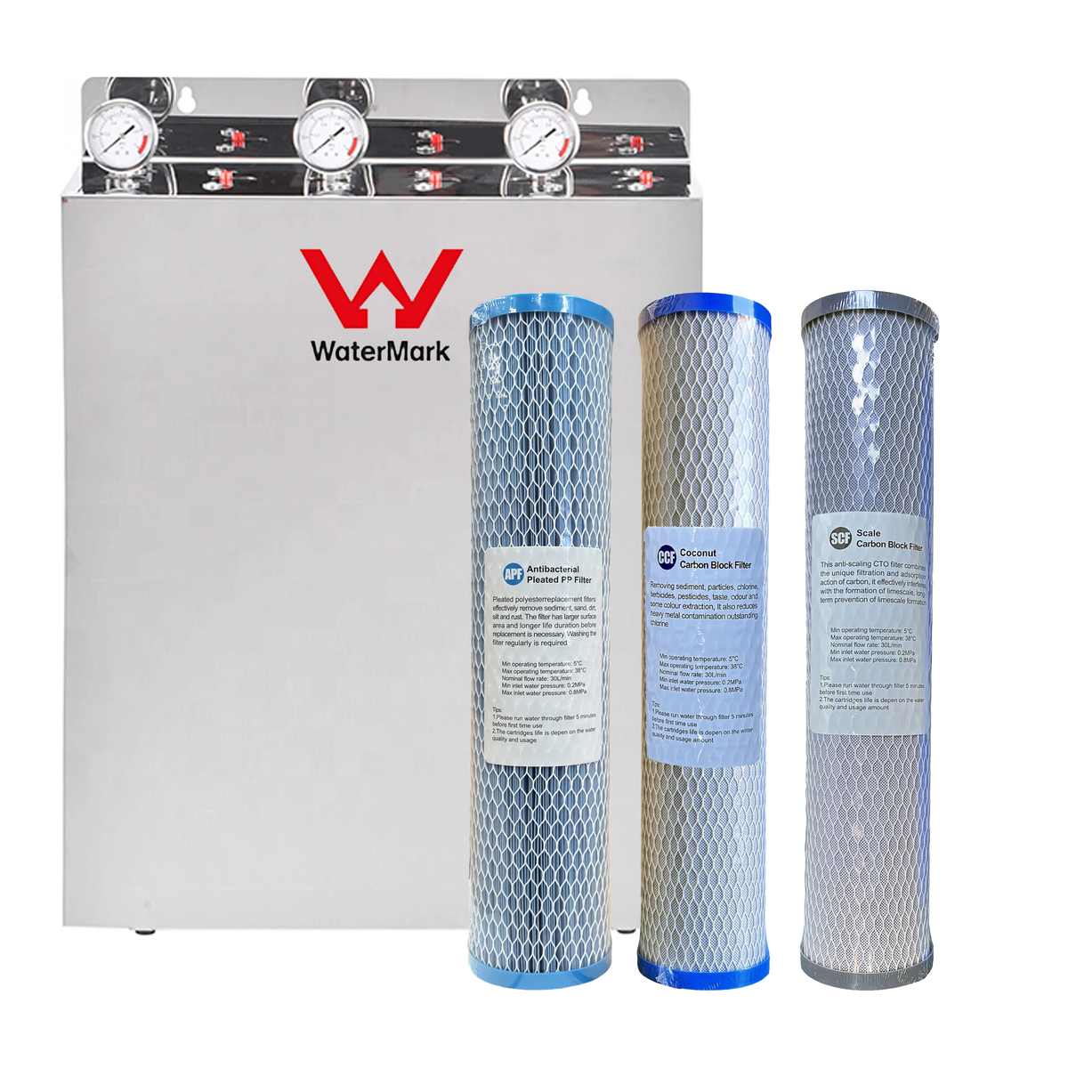 Aquarius Whole House Triple System with stainless steel cover, 20 inches by 4.5 inches, for water filtration and treatment.