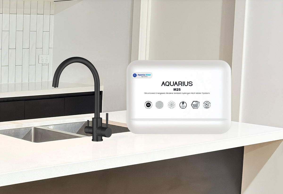 Black Aquarius M25 hydration system with a 3-way tap, designed for efficient water dispensing and hydration.