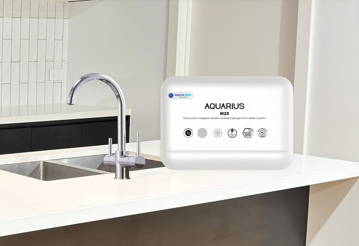 Chrome Aquarius M25 hydration system with a 3-way tap, designed for efficient water dispensing and easy installation.
