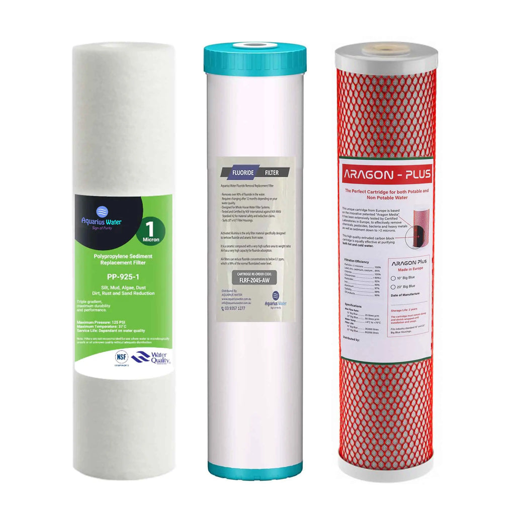 Aquarius three-stage whole house water filtration system with 20 x 4.5 inch cartridges