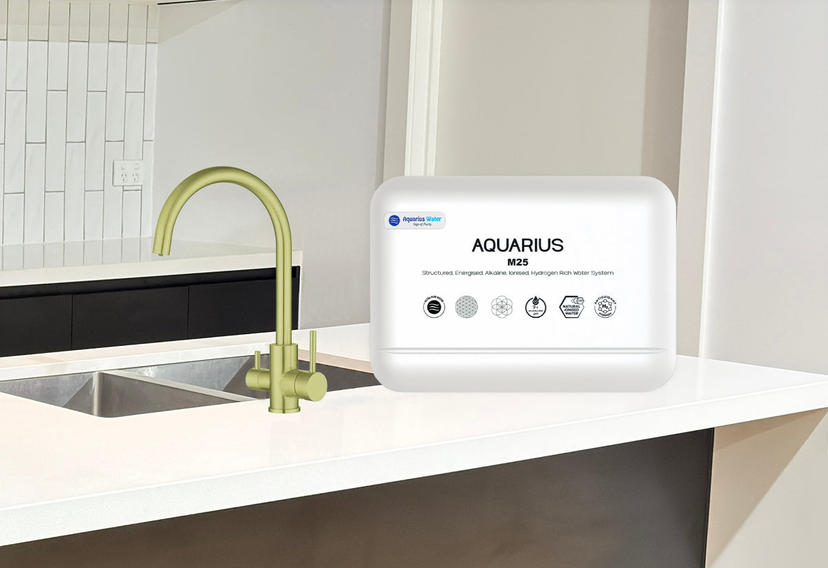 Aquarius Water Aquarius M25 hydration system with gold finish and 3-way tap for versatile water dispensing.