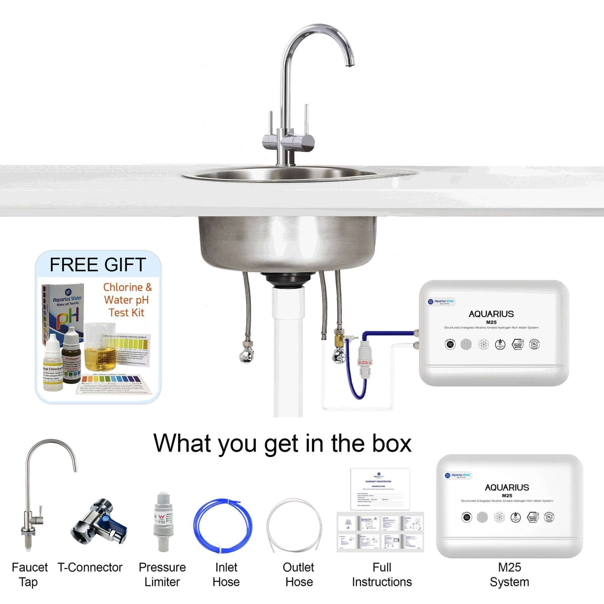 Aquarius M25 Hydration System with 3-way tap installed under the sink, showcasing the water filtration and tap connection setup.