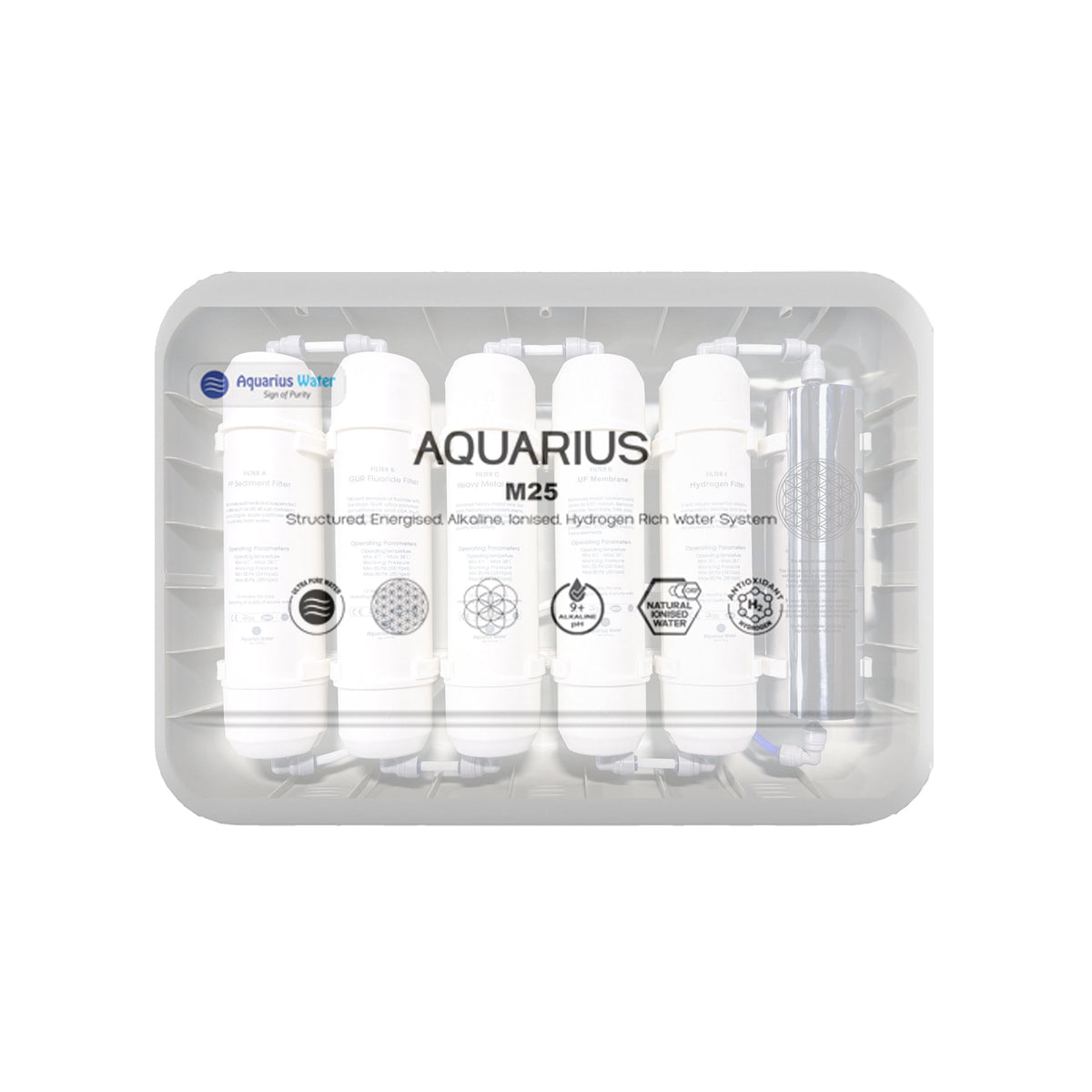 See-through Aquarius M25 Hydration System with 3-way tap, durable water container for hydration and easy access.