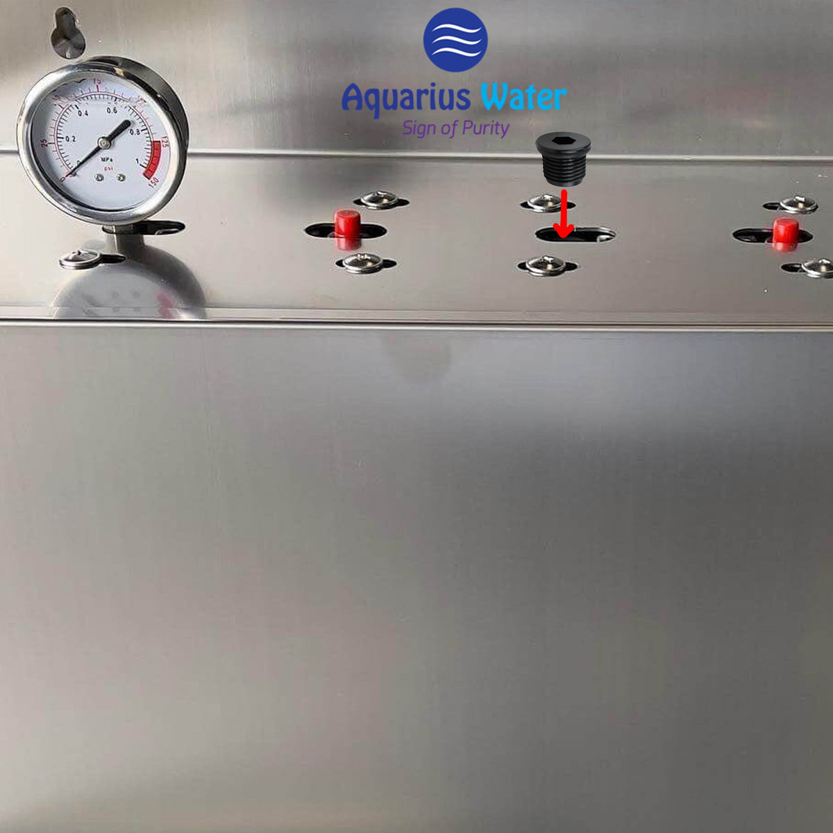 Aquarius Wellness 1/4-inch pressure gauge plug shown in metal with threaded design, used for sealing or connecting pressure gauges.