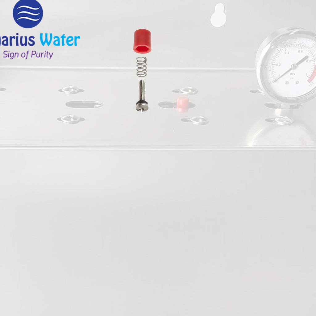 Aquarius Wellness pressure relief button for whole house water filtration systems, shown in a close-up of the device.