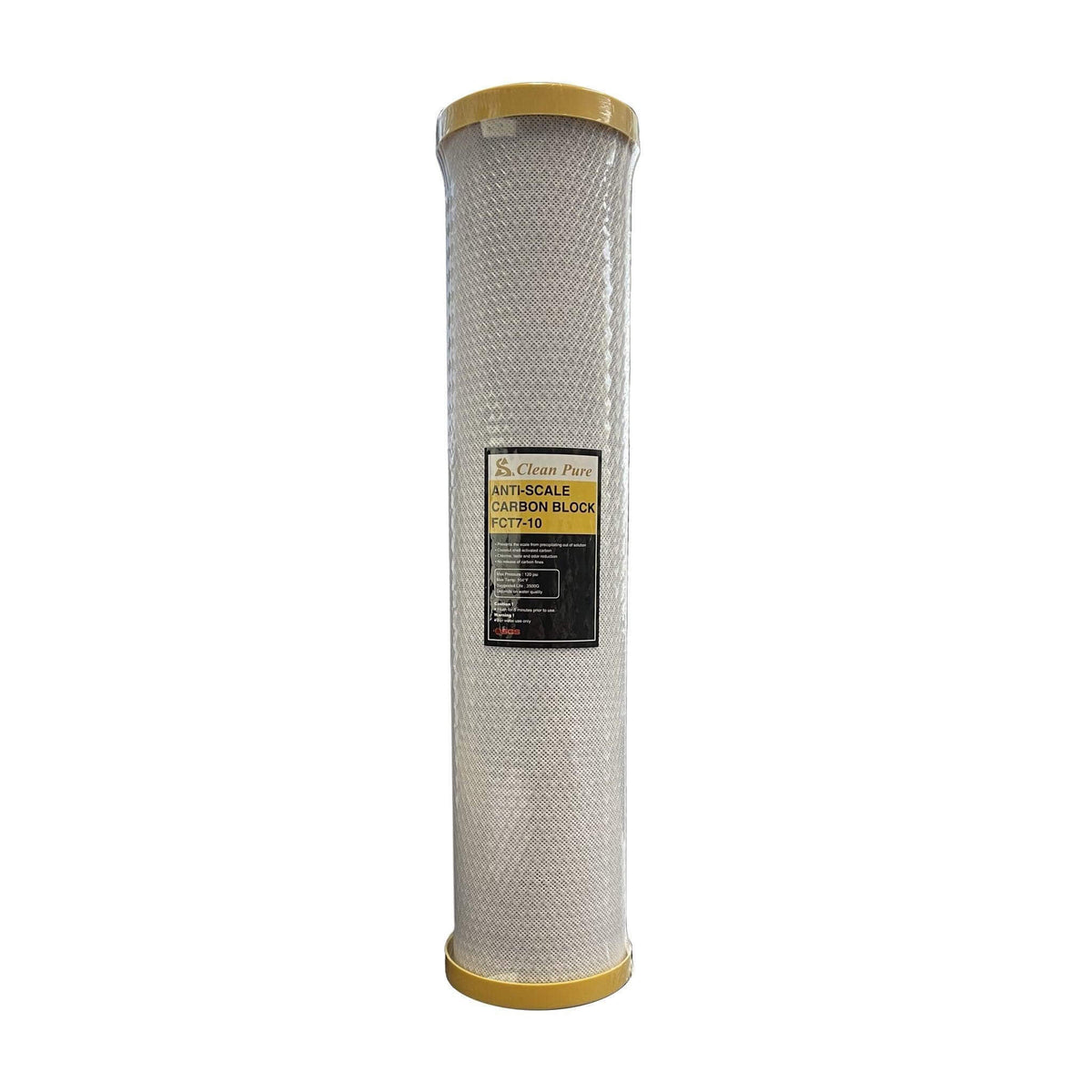 Alkaline World 20x4.5-inch anti-scale carbon water filter cartridge for reducing scale and improving water quality.