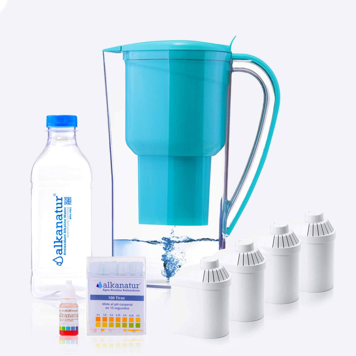Alkanatur alkaline ionized water jug from the Renter's Starter Pack, featuring a sleek water jug with branding and capacity details.