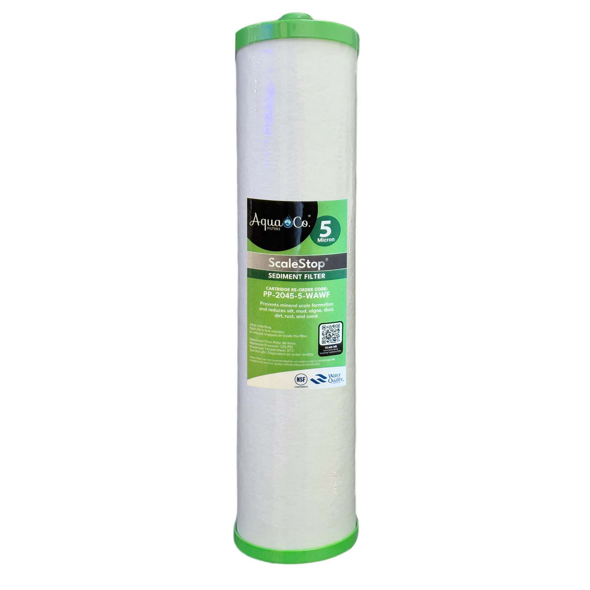 AquaCo ScaleStop sediment filter cartridge 20x4.5 inches, used for water filtration, showing the white filter with plastic end caps.