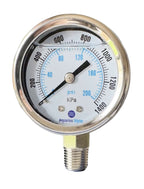 Stainless steel and glass pressure gauge by Aquarius Water for whole house filtration systems, showing pressure levels on the dial.