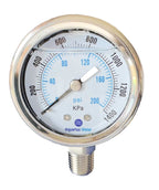 Aquarius Water stainless steel and glass pressure gauge for whole house filtration system, showing pressure dial and connections