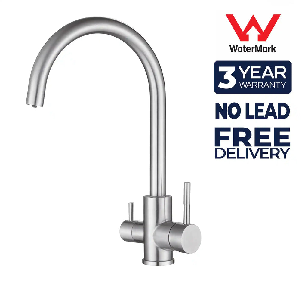 Aquarius Wellness Ultimate Whole House Water Filtration System with 3-way mixer tap, nickel finish, umbrella-style 360-degree rotation