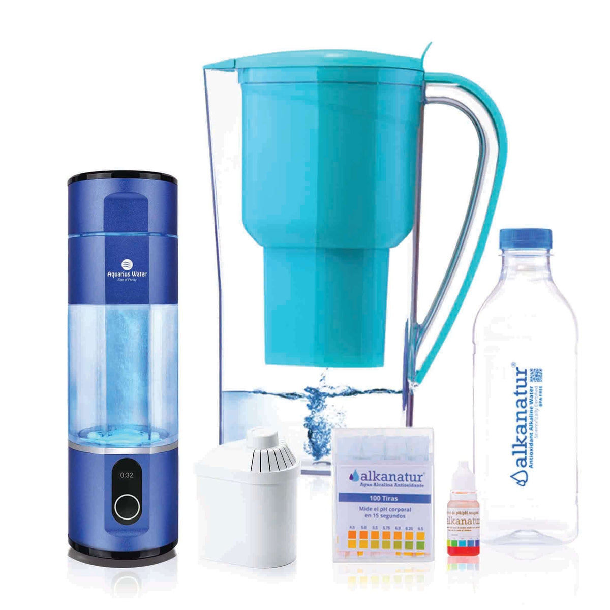 Black Aquarius Water hydration jug from the Alkanatur Hydration Lover's Pack, portable water container with handle and sports cap.