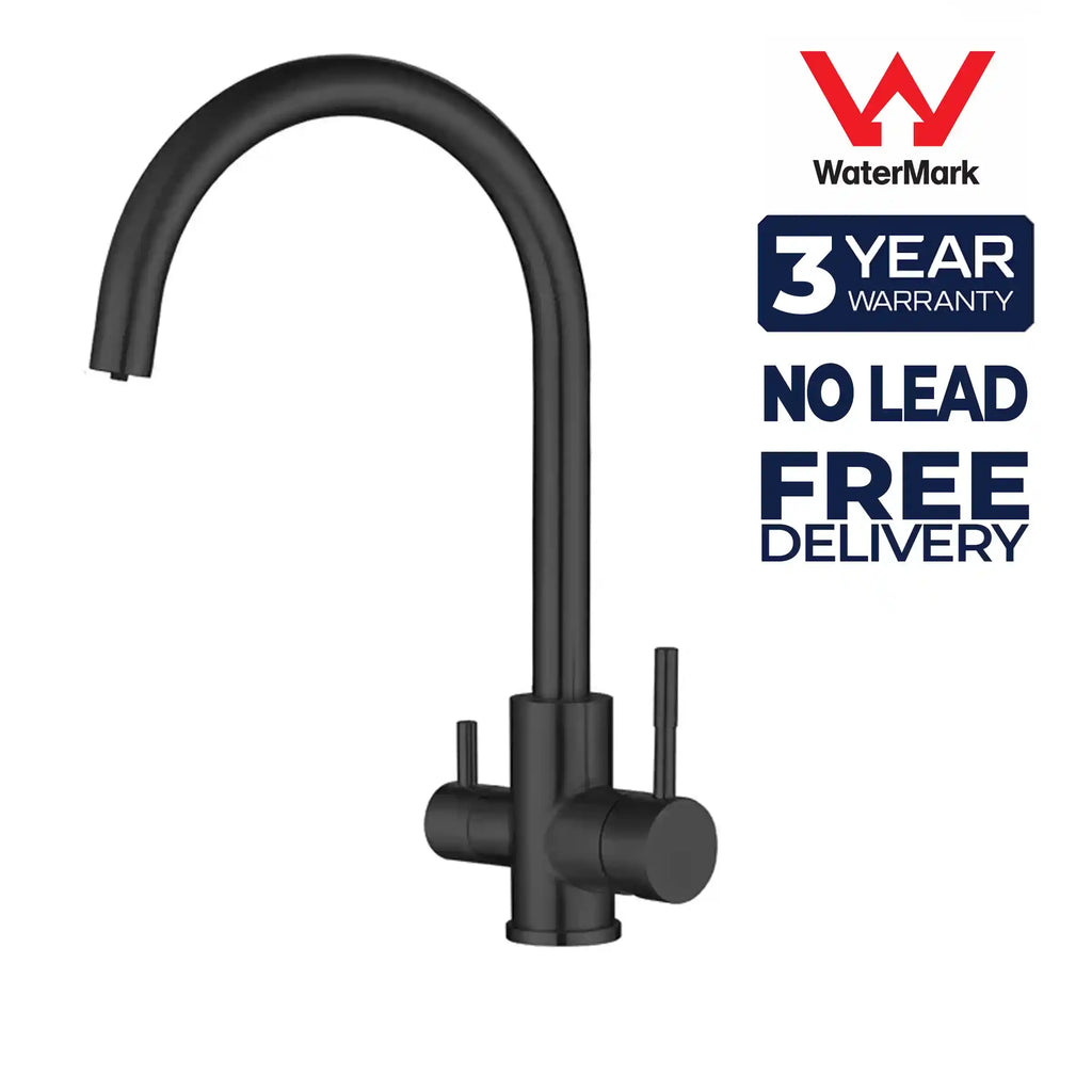 Aquarius Wellness Ultimate Whole House Water Filtration System with matte black 3-way mixer tap and 360-degree rotation.