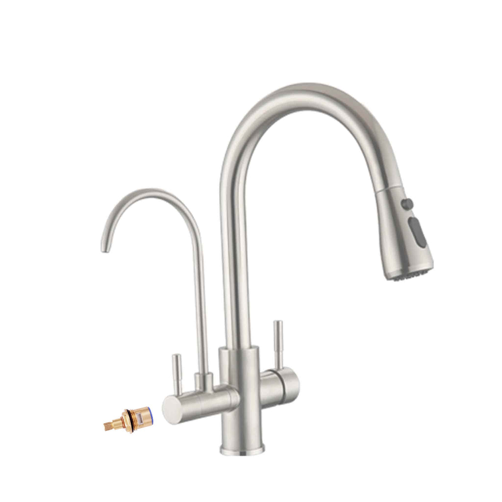 Aquarius Wellness replacement cartridge for 3-way mixer tap with pullout spout, showing the cartridge and connection details.