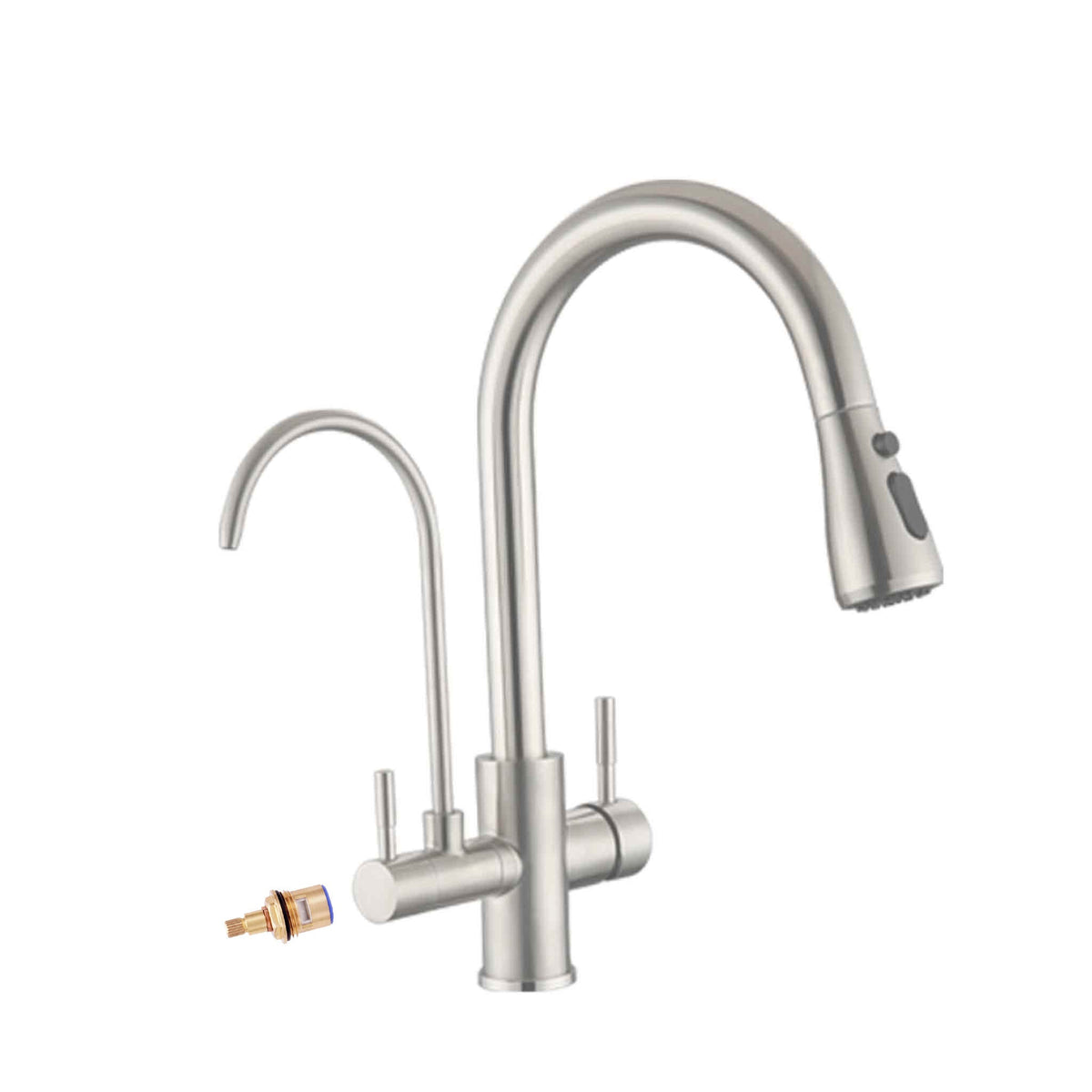Aquarius Wellness replacement cartridge for 3-way mixer tap with pullout spout, showing the cartridge and connection details.