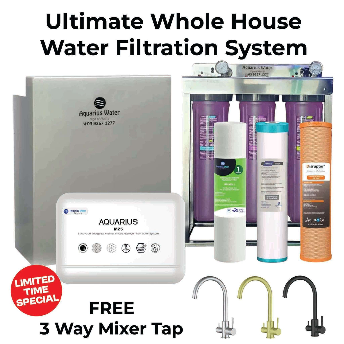 Aquarius Wellness Ultimate Whole House Water Filtration System for alkaline, fluoride, and PFAS removal installed in a home.