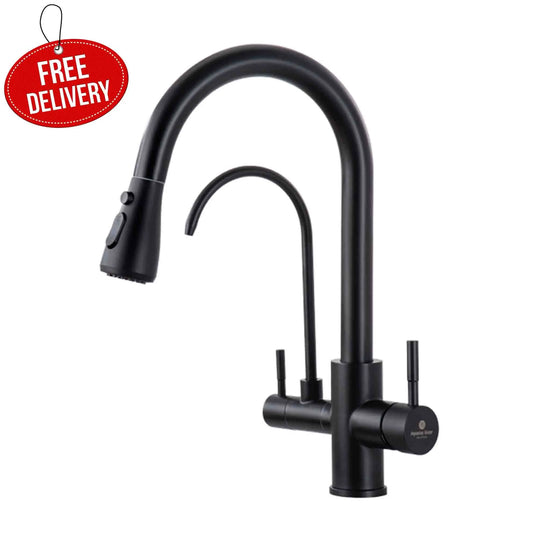 3 Way Mixer Tap with Dual Spout & Pull Out Spray Black Aquarius Water