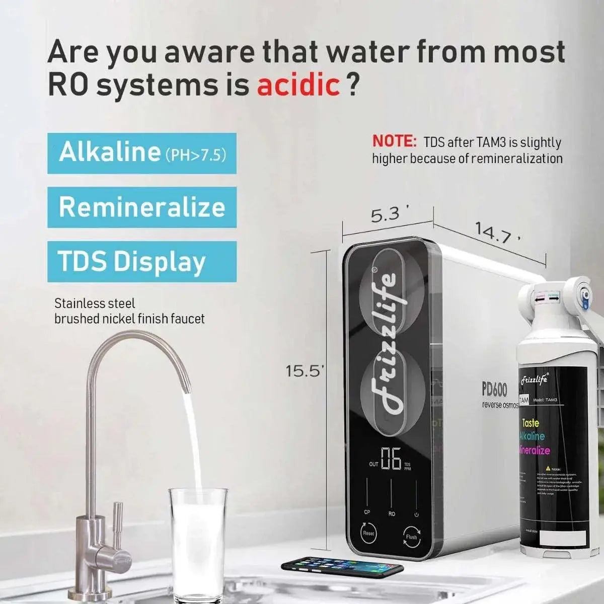 FrizzLife PD600 Reverse Osmosis Alkaline Water Filtration System Frizzlife