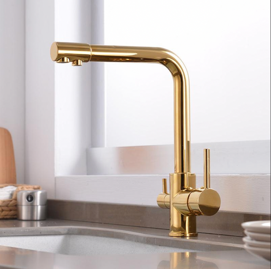 3 Way Mixer Tap Luxury Gold Brass Kitchen Faucet Dual Handle Aquarius Water